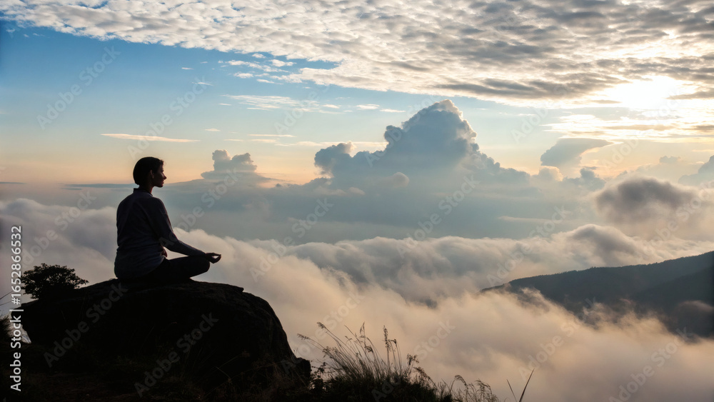person meditating in silhouette on a mountain person meditating in silhouette on a mountain