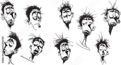 Character expression sketches: a collection of cartoon faces showing different emotions and moods.