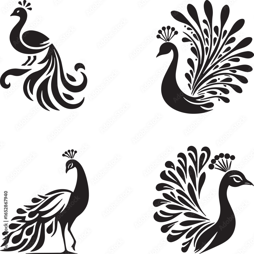 Fototapeta premium Elegant Peacock Silhouettes: Four unique silhouettes of majestic peacocks showcasing their exquisite plumage, each exuding grace and decorative charm in a minimalist design.