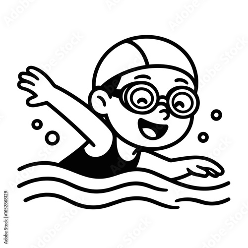 Happy boy swimming cartoon vector illustration in black and white, children water sport activity drawing, kid wearing goggles and swim cap, fun aquatic lifestyle artwork 