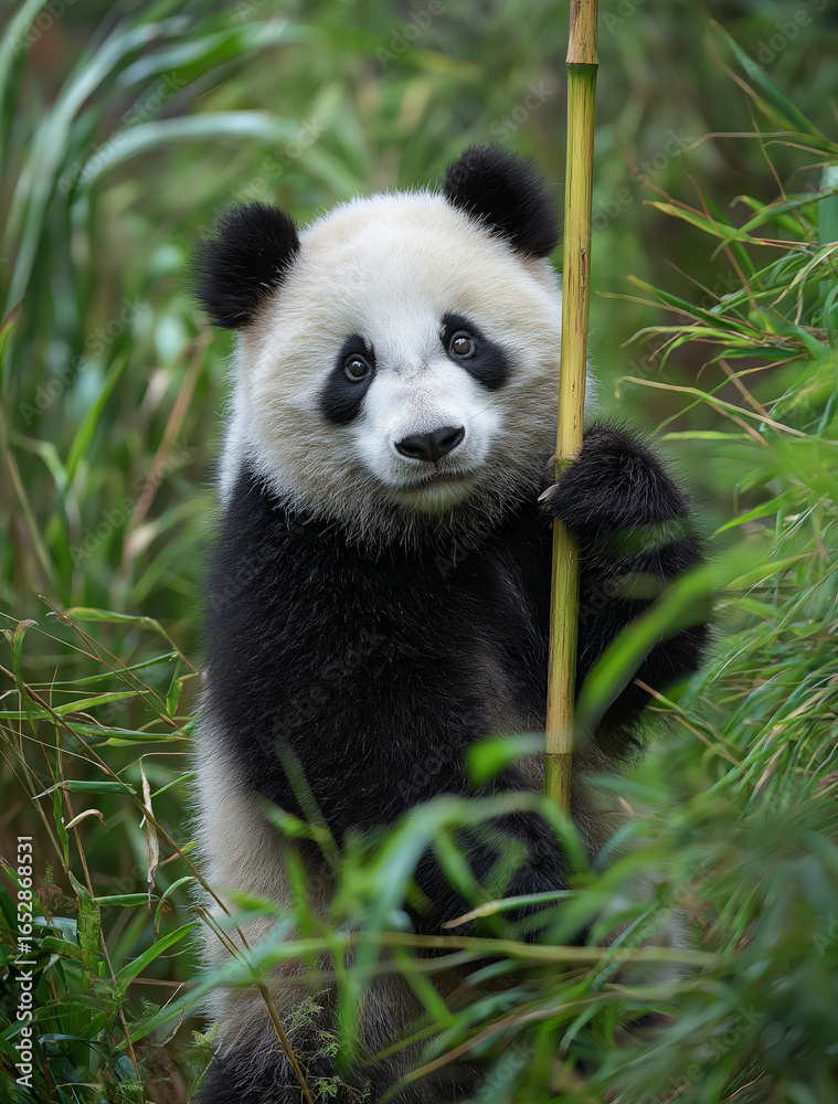 Fototapeta premium A panda is sitting in the green bamboo forest, holding onto one large yellow bamboo stick with its paws and looking at it happily. The photo was taken from an overhead perspective, showing that there 