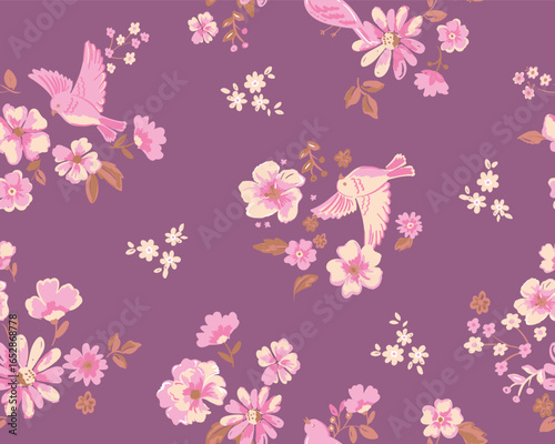 flowers and birds seamless pattern, background purplish, vintage retro vector flower seamless hand drown pattern handmade print for textile print and wallpaper scrapbook etc