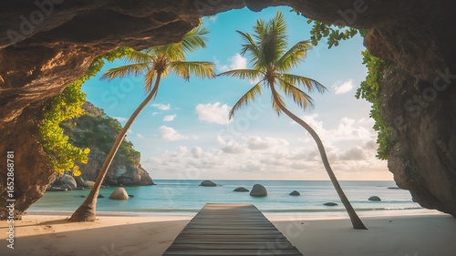 Tropical beach cave view with palm trees and wooden walkway to the ocean image photo