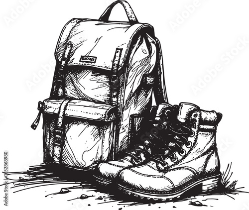 Pen sketch of a hiking backpack and boots for a travel and adventure theme.