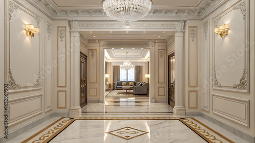 Elegant luxury home interior with marble floors, chandeliers, and stylish decor