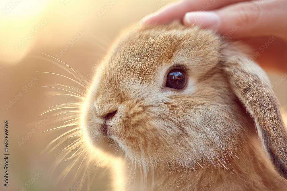Gentle hand petting holland lop rabbit soft fur close up warm sunlight adorable animal calm expression outdoor cute pet brown color peaceful moment Gentle hand petting holland lop rabbit soft fur close up warm sunlight adorable animal calm expression outdoor cute pet brown color peaceful moment