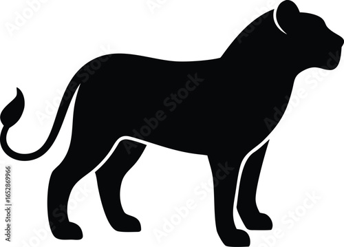 Lion animal silhouette in standing pose with prominent mane, curved tail, and muscular build on white background