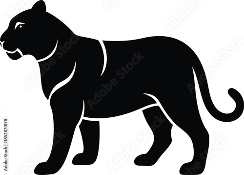 Tiger animal silhouette in standing pose with muscular build, curved tail, and alert posture on white background