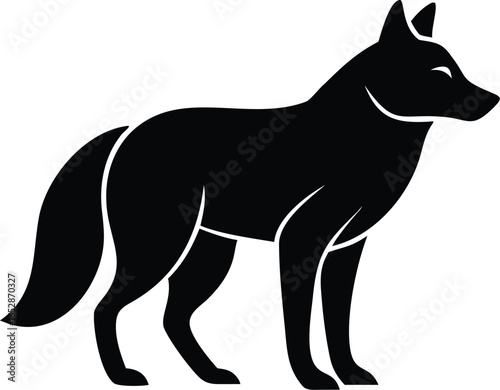 Wolf animal silhouette in standing pose with pointed ears, bushy tail, and alert posture on white background