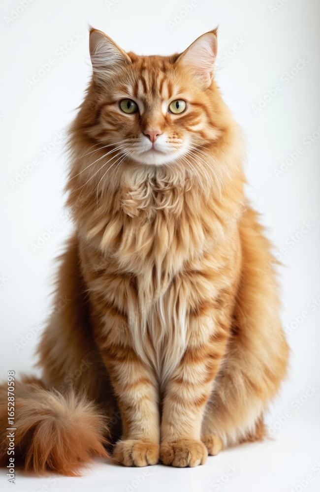 Fototapeta premium Fluffy long-haired orange cat sits on white background. Adorable domestic pet with green eyes and striped fur. Ginger feline breed looks curious. Studio portrait, cute mammal companion.