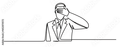 continuous line art of a man in a work suit covering his eyes with his hands. concept of not wanting to see the situation