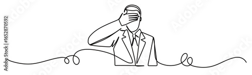 continuous line art of a man in a work suit covering his eyes with his hands. concept of not wanting to see the situation