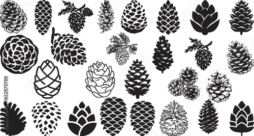 A diverse collection of black and white pine cones, with detailed and simple styles.