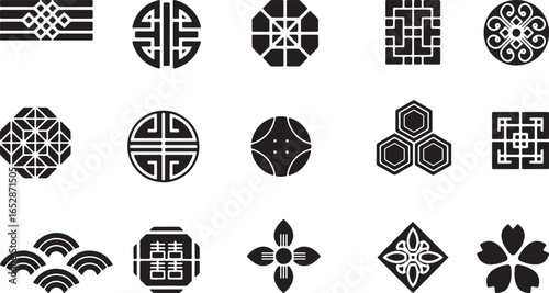 Black and white Asian and Japanese traditional symbols and patterns vector art