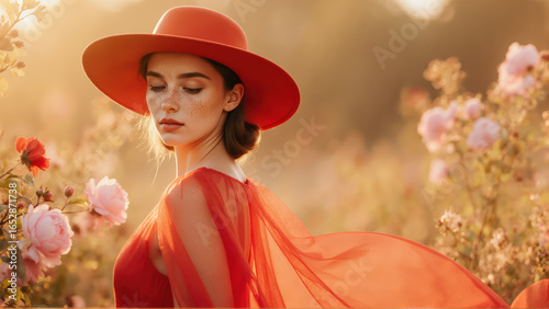 Photorealistic portrait with glowing skin and floral background. Great for fragrance ads.