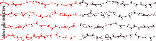 Seamless border Christmas holiday lights. Repeating pattern line art coloring light bulbs garland for Christmas holiday cards, banners, footer, header, menu. Vector illustration black on white.