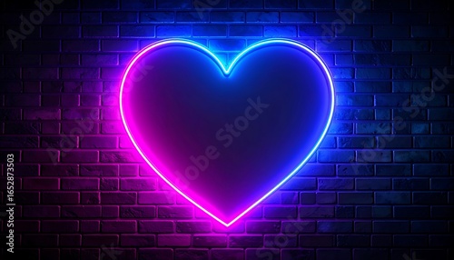 Neon heart shape on a dark brick wall