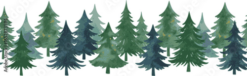 Seamless Christmas tree border hand drawn watercolor. Decorative hand painted repeating Winter holiday design for Christmas decoration, banners, ribbons, greeting cards, digital scrapbooking