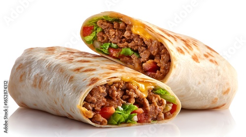 A mouthwatering burrito cut in half, showcasing its delicious ingredients