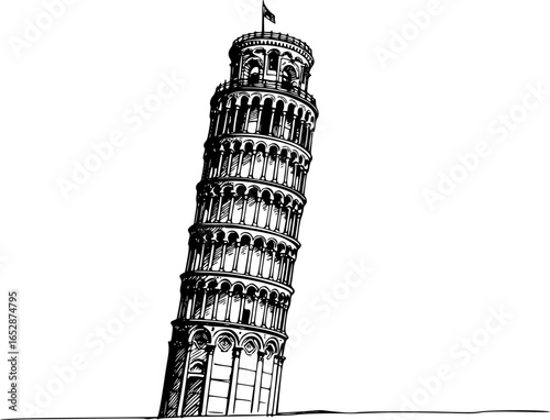 Black and White Illustration of the Leaning Tower of Pisa
