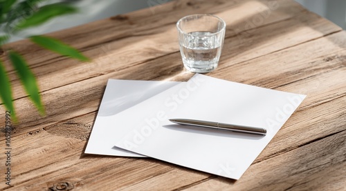 
Photo of a pen and two blank white papers on top of an oak table, with a water glass beside it. The light is bright, casting soft shadows over the desk surface. 