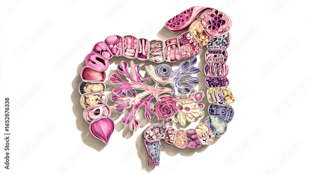 Obraz premium Human Digestive System: Anatomy Illustration - Intestine, Microbiome, Gut Health