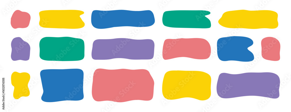 Naklejka premium Hand drawn doodle organic colorful rectangle frame set. Abstract liquid shapes. freehand flat blobs. Irregular empty text box.