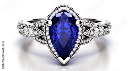 A cushion-cut sapphire with a royal blue hue, set in a platinum ring with intricate milgrain detailing, isolated on a pure white background, sharp focus on gemstone facets, full frame,
