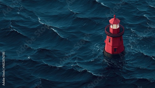 Red lighthouse in turbulent deep blue ocean