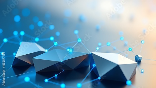 Abstract geometric shapes with metallic surfaces and blue lighting, symbolizing modern connectivity.