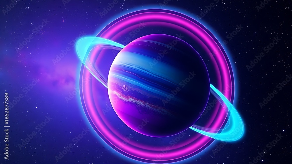 Obraz premium A colorful planet with glowing rings floating in deep space, evoking cosmic wonder and mystery.