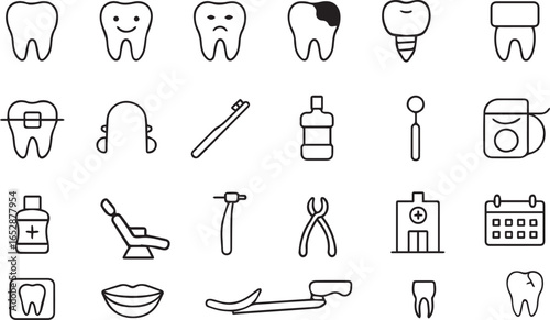 Dental Line Icons Set Vector Tooth, Implant, Braces, Toothbrush, Floss, Dentist Tools, Healthcare, Clinic, Oral Hygiene Symbols
