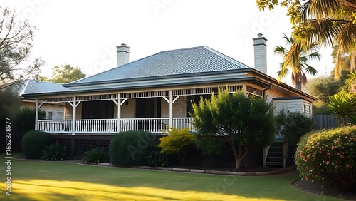 Single-story Australian suburban house with a wide veranda, lush garden in soft afternoon light.