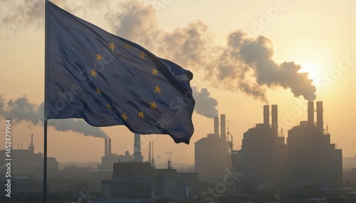 European Union flag waving, factory chimneys emitting smoke, pollution. Industrial landscape in sunset, representing environmental concerns, climate change effects. EU flag against pollution