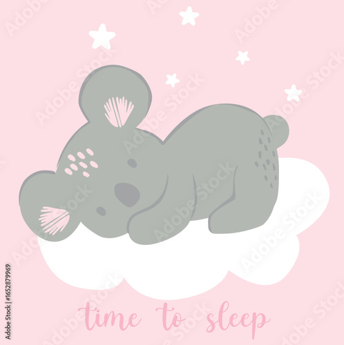 Cute koala sleeping on a cloud with star and lettering text time to sleep For t-shirts and greetings cards, decorations, prints, banners, bags, bottle and background on pink.
