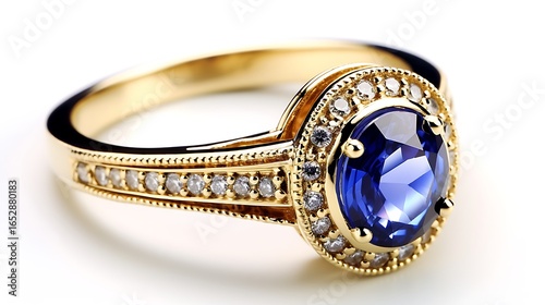 A luxury sapphire ring with a bold oval-cut stone, bezel-set in a yellow gold band, displayed on a pristine white background, sharp focus and natural lighting, full frame,