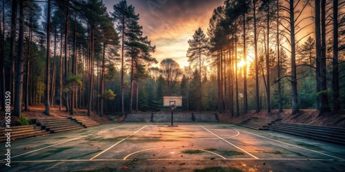 Abandoned basketball court at dusk with empty seats and fading light, surrounded by tall trees in a dimly lit atmosphere, stadium