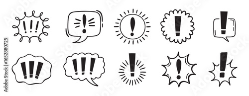 exclamation mark icon with bubble chat set, comix exclamation mark icon doodle hand drawn. Outline line drawing clipart symbol