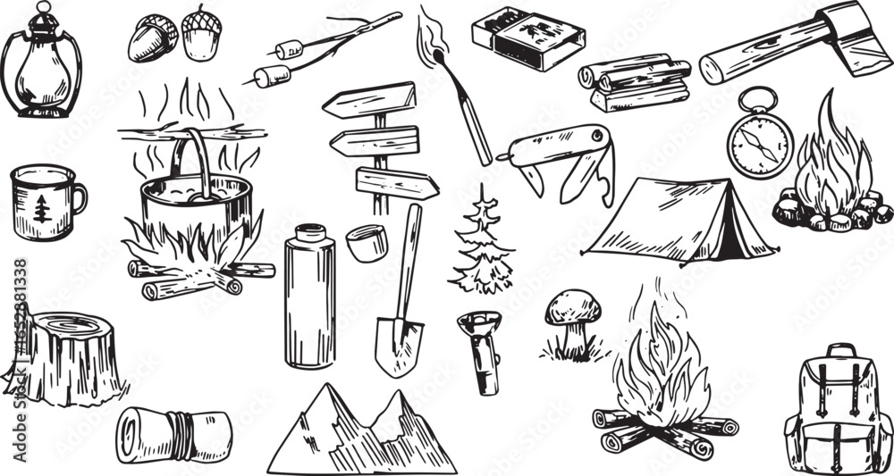 Obraz premium Hand-drawn camping and hiking equipment vector art set in black and white line art.