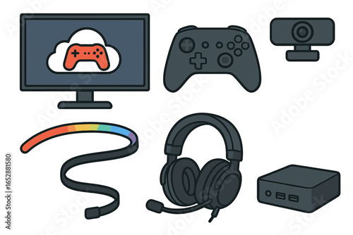 A vibrant collection of modern gaming essentials, featuring a sleek monitor displaying a cloud gaming icon, a responsive gamepad, comfortable headphones, a high-definition webcam, and a compact gamin