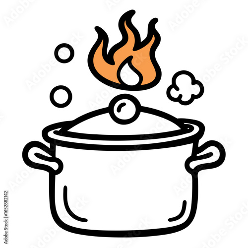 Bubbling pot on stove with vibrant flames and steam, perfect for culinary blogs, cooking shows, restaurant promotions, and food-related marketing campaigns.