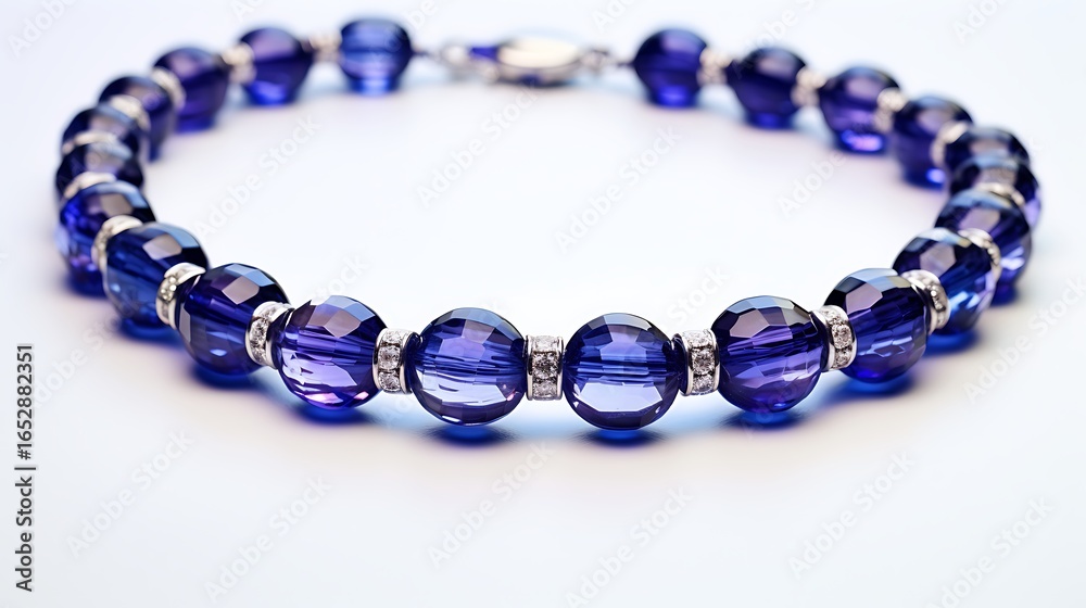 Obraz premium A sapphire necklace with multiple small round stones in a pave setting, draped elegantly on a white surface, clean light reflection on metal and gems, full frame,