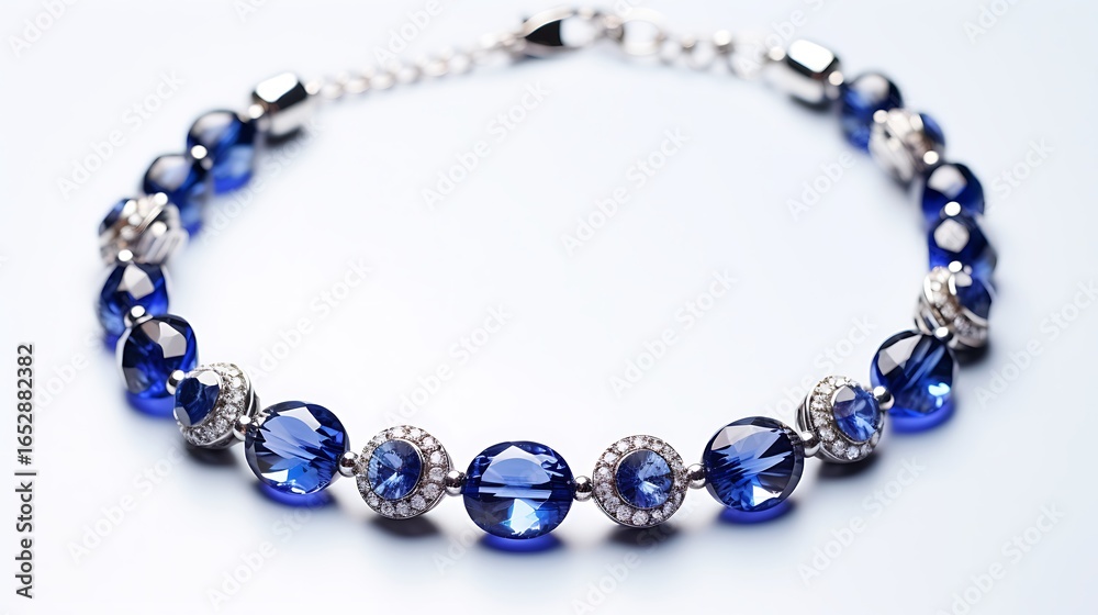 Obraz premium A sapphire necklace with multiple small round stones in a pave setting, draped elegantly on a white surface, clean light reflection on metal and gems, full frame,