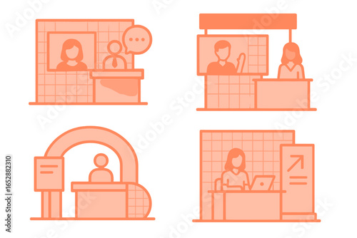 Modern minimalist vector illustration collection of stylized icons showing professional service interactions like customer support, information desks, and business meetings, all with glowing orange o