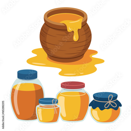 Sweet honey collection in jars and pot