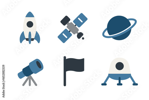 Collection of stylized space exploration icons including a rocket, satellite, planet, telescope, flag, and lunar lander, set against a dark, glowing background with vertical light streaks.