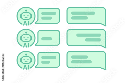 Digital communication interface with AI chatbot icons and chat bubbles, representing artificial intelligence and automated messaging systems in a modern digital landscape.
