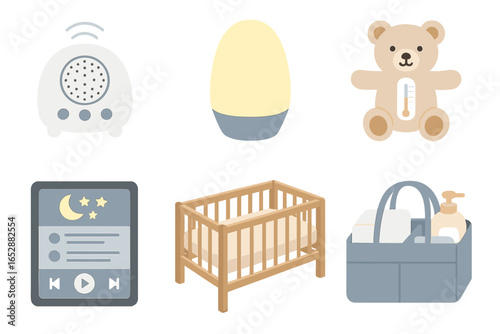 Collection of baby nursery essentials, including a crib, sound machine, night light, teddy bear with thermometer, diaper caddy, and a music player interface, all illuminated with a soft, warm glow.