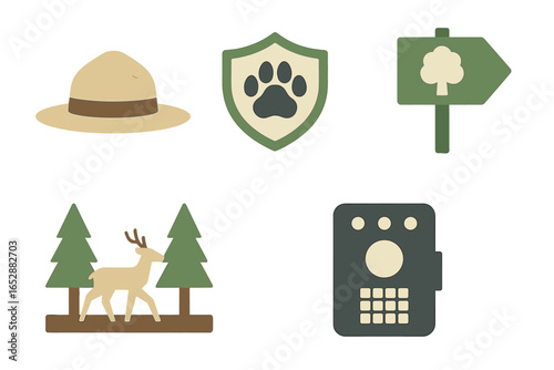 Collection of stylized icons representing park ranger activities, including a hat, paw print shield, directional sign, deer in forest, and a communication device, set against a dark, atmospheric back
