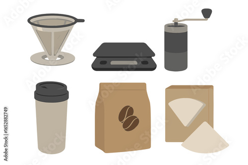 Collection of essential tools for brewing specialty coffee at home, including a pour-over dripper, digital scale, manual grinder, travel mug, coffee beans bag, and paper filters.